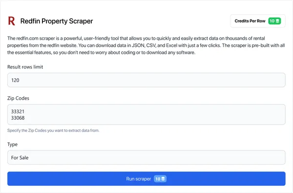 Log in to our app and select "Redfin Scraper" in the marketplace. 