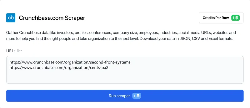 Sign up and find the Crunchbase scraper in the HasData marketplace.