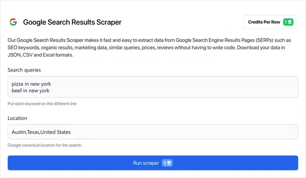 Log in to our app and select "Google SERP Scraper" in the marketplace.