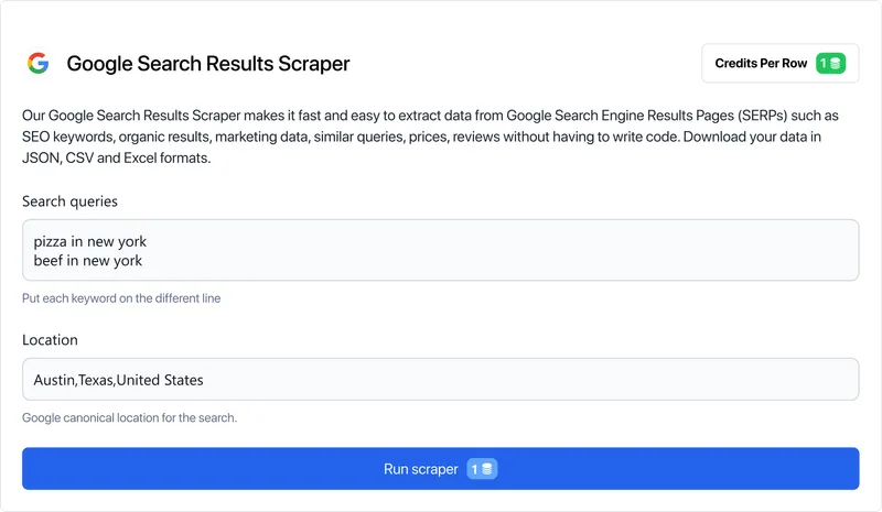 Log in to our app and select "Google SERP Scraper" in the marketplace.