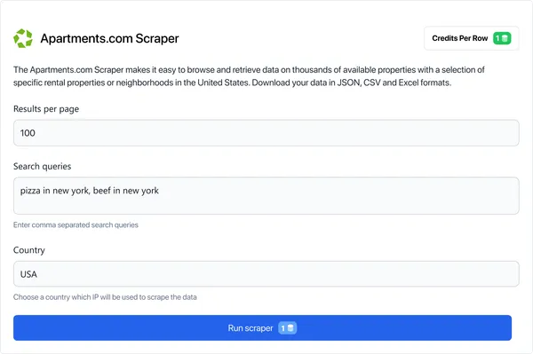 Log in to our app and select "Apartments.com Scraper" in the marketplace. 