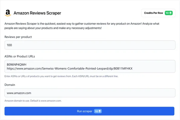 Log in to our app and select "Amazon Reviews Scraper" in the marketplace.