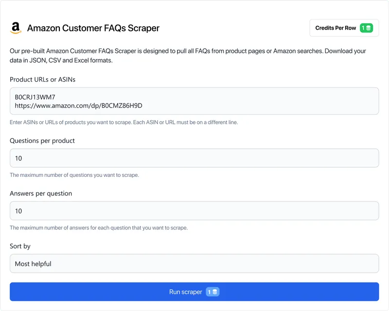 Sign up and find the Amazon Customer FAQs scraper in the HasData marketplace.