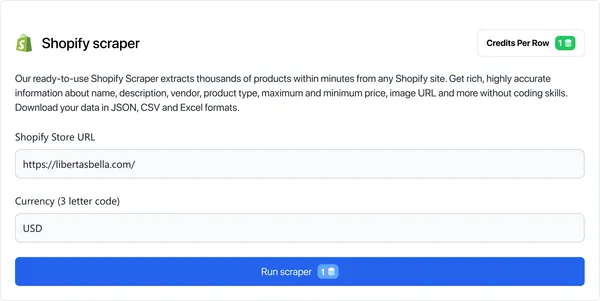 Log in to our app and select "Shopify Scraper" in the marketplace.