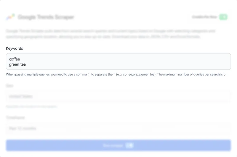 Enter the keywords you want to track, separated by commas (e.g., coffee,green tea). Note that the maximum number of queries per search is 5.