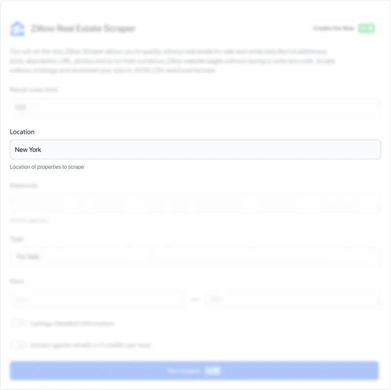 Enter the location as "New York" or any other desired location of properties to scrape.