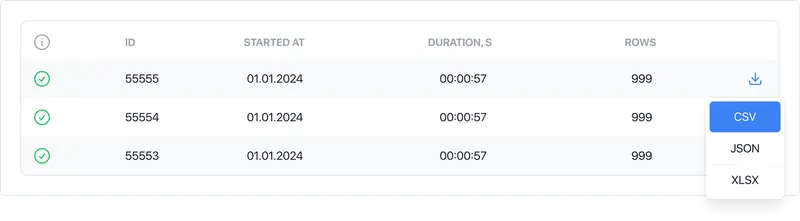 Download the scraped data in Excel, JSON, or CSV format.