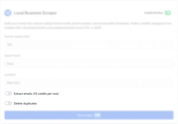 Enable the "Extract Emails" option to enrich the data with business emails associated with each company. Activate option "Delete duplicates" if you want to drop the same organizations from different sources by the `CompanyName' column. 