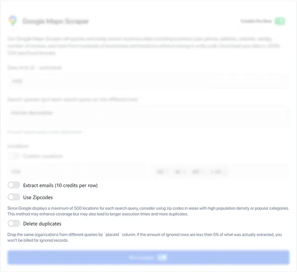 Configure additional options, such as extracting emails (10 credits per row).
