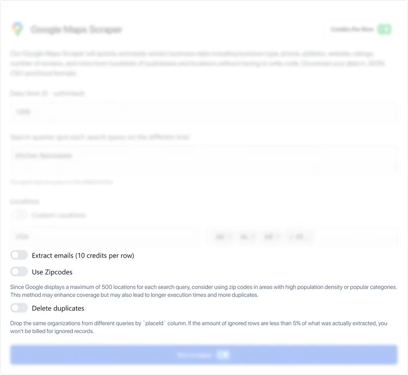 Configure additional options, such as extracting emails (10 credits per row).