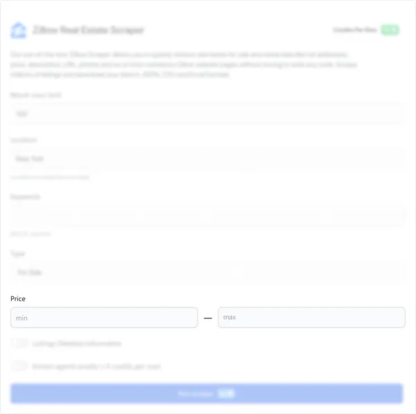 Set additional parameters. Select the home type ("All" or specific types), and define the property criteria including price range, number of bedrooms, number of bathrooms, year built, lot size, and square feet by entering the minimum and maximum values for each.