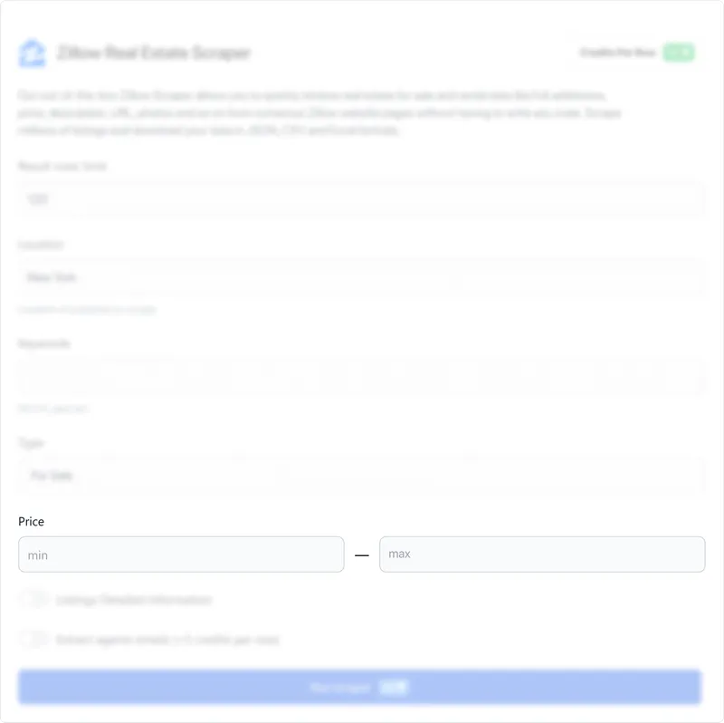 Set additional parameters. Select the home type ("All" or specific types), and define the property criteria including price range, number of bedrooms, number of bathrooms, year built, lot size, and square feet by entering the minimum and maximum values for each.