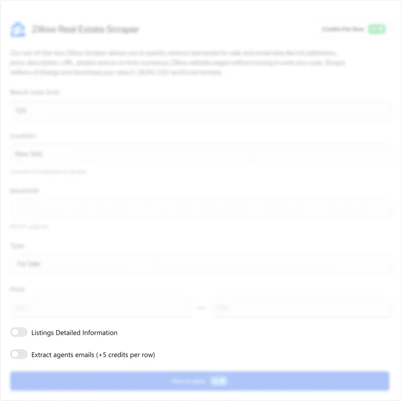 Select whether to scrape listings detailed information and extract agent emails (note: this option will use +5 credits per row).