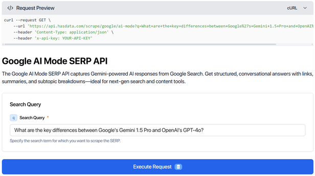 The API playground interface for HasData's Google AI Mode SERP API, where users can enter search queries and execute requests.