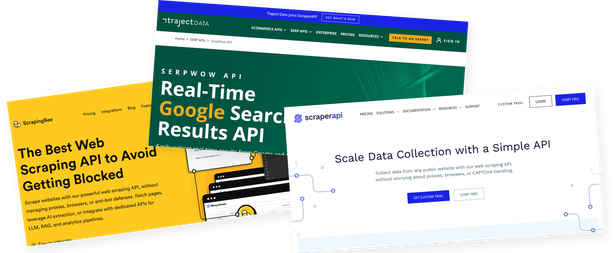 The home pages of ScrapingBee, SerpWow and ScraperAPI side by side, each tilted at a slight angle, with SerpWow carrying a banner that says Traject Data joins ScraperAPI