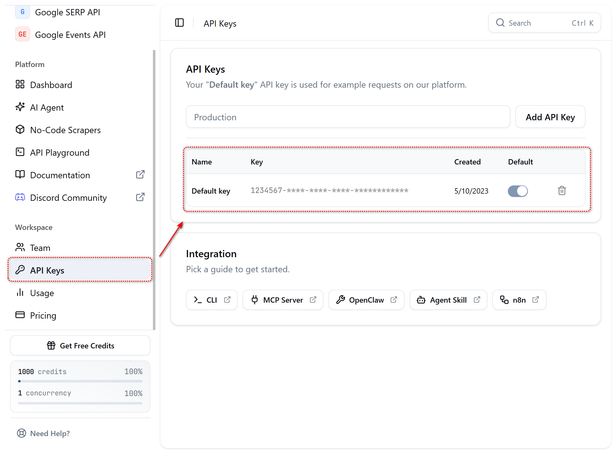 HasData dashboard, API Keys page under Workspace, with the Default key row highlighted