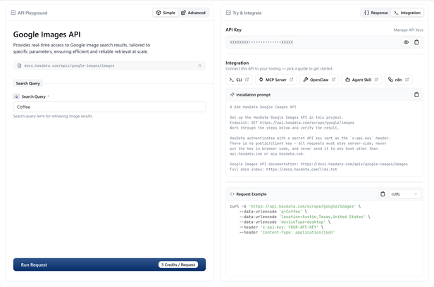 Google Images API page in the HasData API Playground, Simple mode with the search query field, the Run Request button showing the per-request cost, and the integration panel with a ready prompt and a cURL example