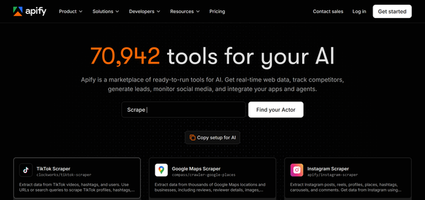 The Apify home page, a counter of ready-to-run tools for AI above a search box, with cards for the TikTok, Google Maps and Instagram scrapers underneath