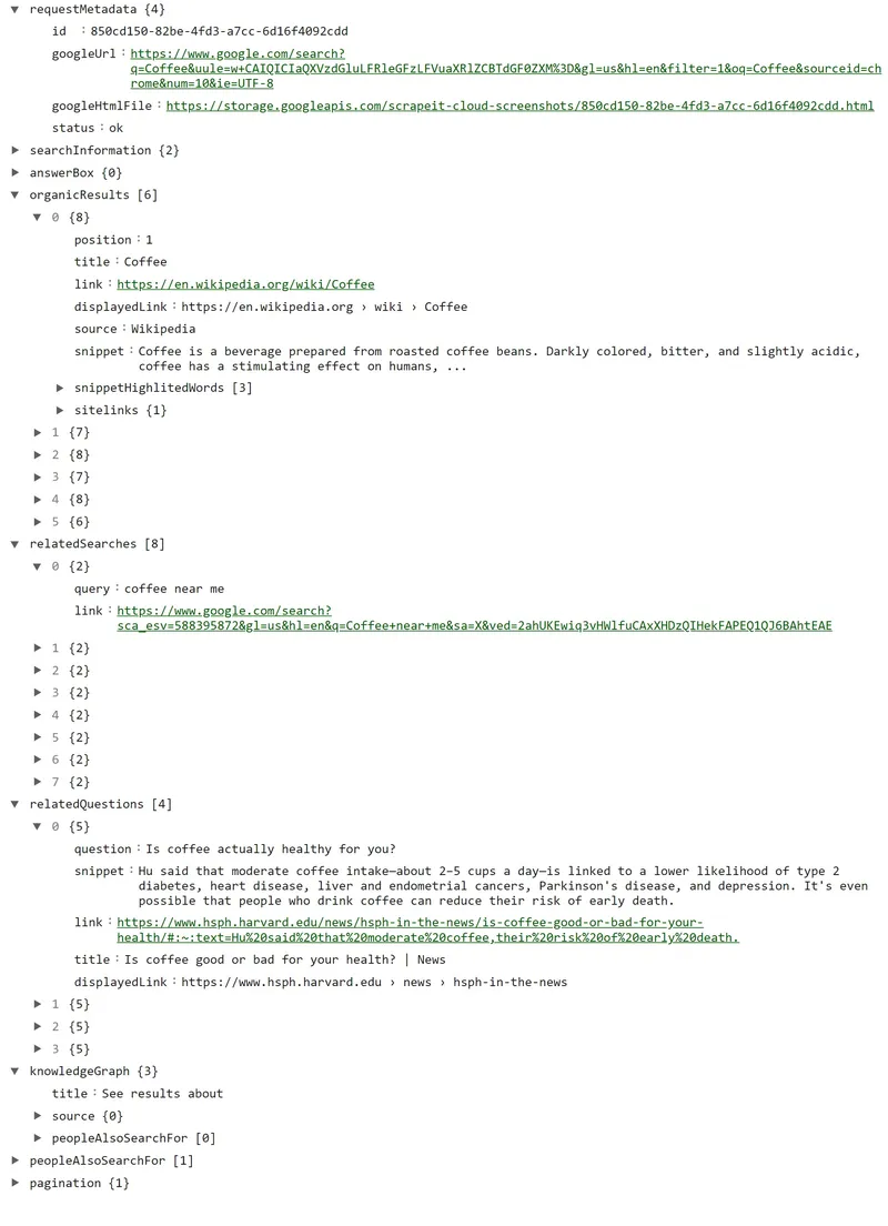 A visual representation of the data returned by the API, including URL, title, description, SERP Snapshot, and most common SERP features such as Knowledge Panel, People Also Ask, Image Pack, Local Pack, Knowledge card, Shopping Results, Top Stories, Thumbnail, Tweets Box, and Video.