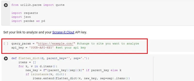 A screenshot of a code editor showing a Python script that scrapes data from Majestic. The script is written in the Google Colab environment and it is using the Scrape-It.Cloud API to access the website.