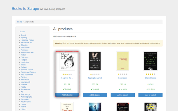 The books.toscrape.com catalogue with the first product card highlighted, showing the cover, truncated title link, price, and stock flag a scraper reads