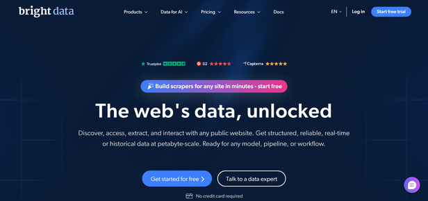 The Bright Data home page, review scores from Trustpilot, G2 and Capterra above a heading about unlocking the web's data, with buttons to start free or talk to a data expert
