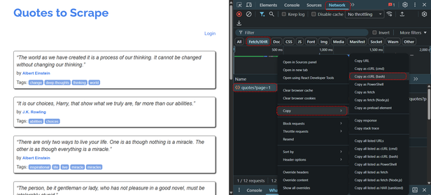 The Network tab on the quotes demo with a quotes request selected and Copy as cURL highlighted in the context menu