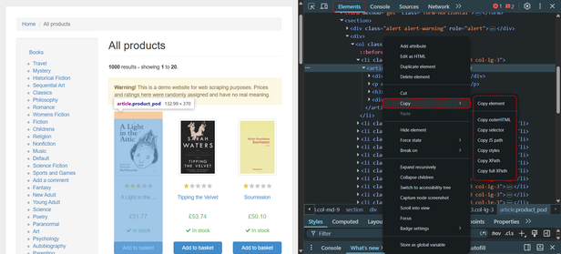 The Elements panel on books.toscrape.com with a product node's context menu open and the Copy submenu showing Copy selector, Copy XPath, and Copy full XPath