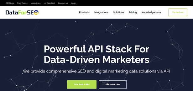 The DataForSEO home page, a heading about an API stack for data-driven marketers on a dark constellation background, with buttons to try it free or see pricing