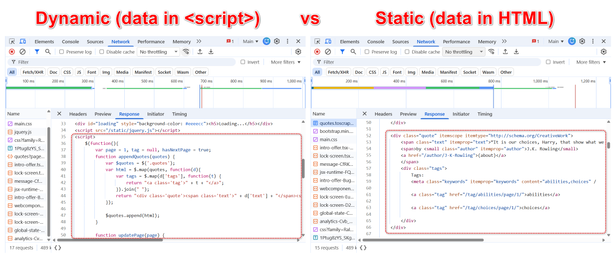 view-source of a JS-rendered page (data inside an inline script) next to view-source of a static page (data already in HTML)