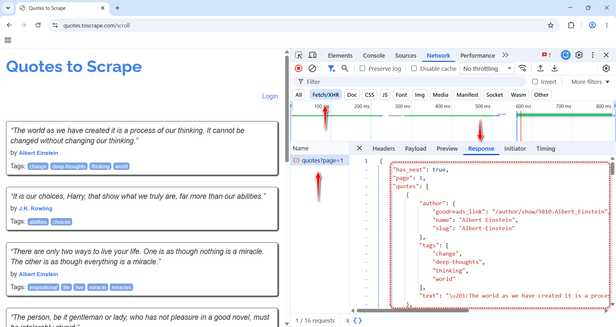 Chrome DevTools Network tab filtered to Fetch/XHR, showing a JSON endpoint response 