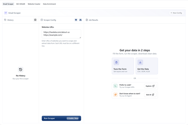 HasData Email Scraper form with website URLs entered one per line and the Run Scraper button showing the per-row cost