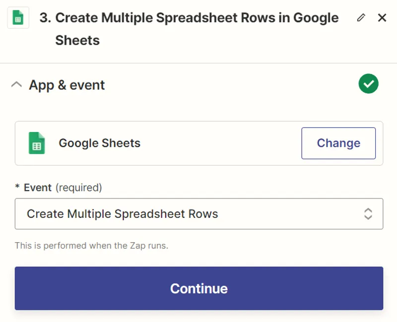 Add a new Google Sheets action with Multiple Spreadsheet Rows creation event