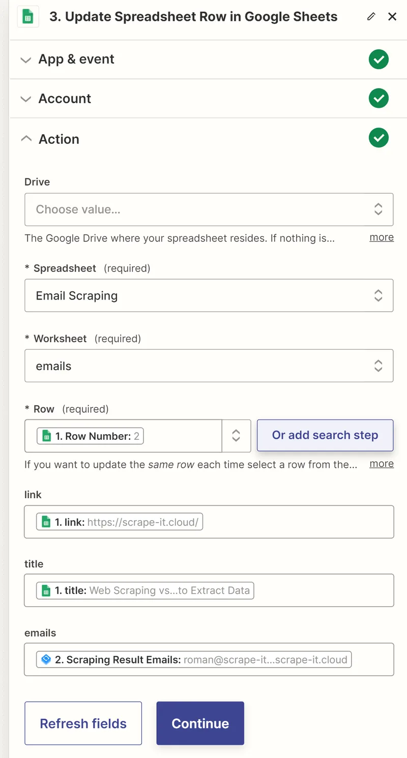 Update the table row that we received in the trigger. The row number is passed into the trigger as a parameter. We can use it to identify the row to update. Set the values for all cells in the row, including the collected emails.