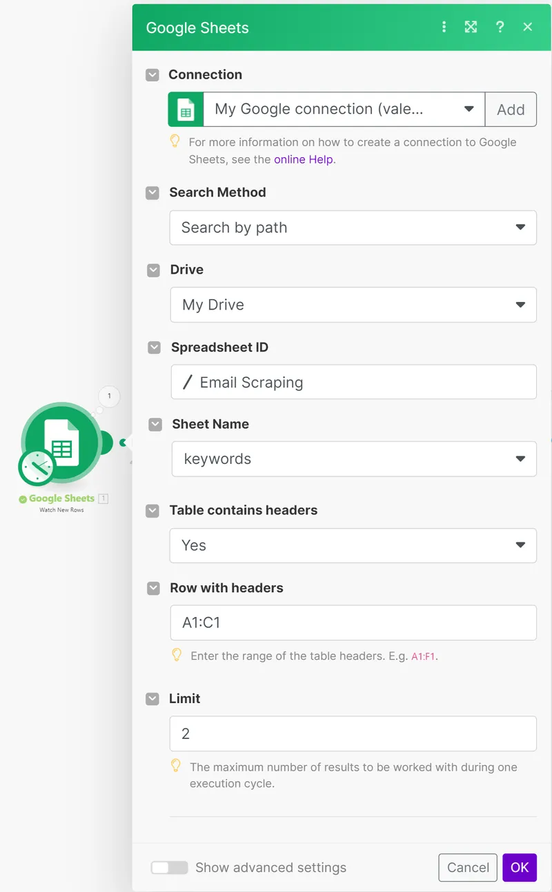 Select a new action and find the Google Sheets integrations and the method for searching for new rows