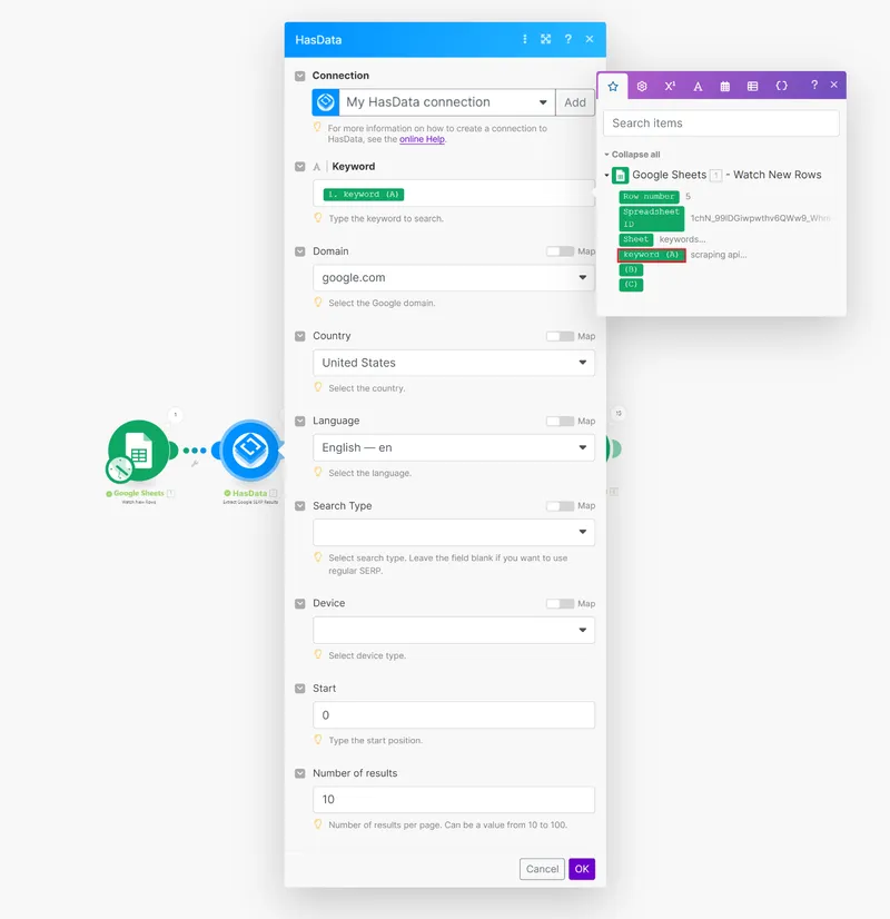 This image shows how to add the HasData integration to Integromat and configure it to extract data from Google SERP results. The Keyword field is populated with the value from the previous step, and the language, number of results, and localization can be customized.