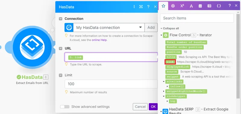 Use the Make.com HasData method to retrieve a list of email addresses from a website URL.