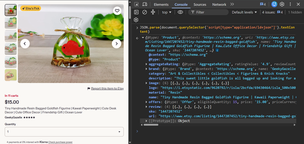 DevTools Console with the parsed ld+json Product object expanded, showing aggregateRating, brand, category, description, an image array, material, name, offers with price and currency, review and sku