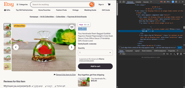 DevTools Elements panel on an Etsy listing, with the price text node selected inside a div carrying data-appears-component-name="price", data-selector="price-only" and data-buy-box-region="price", and the price paragraph's own class list visible