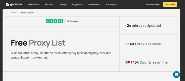 Geonode free proxy list header showing counters for last updated in minutes, proxies online in the thousands, and countries online