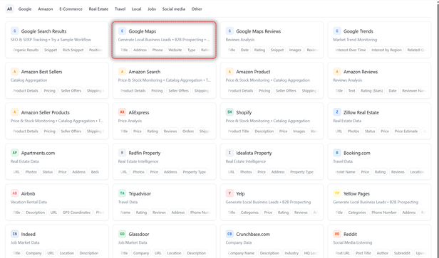 No-Code Scrapers catalog with the Google Maps card outlined