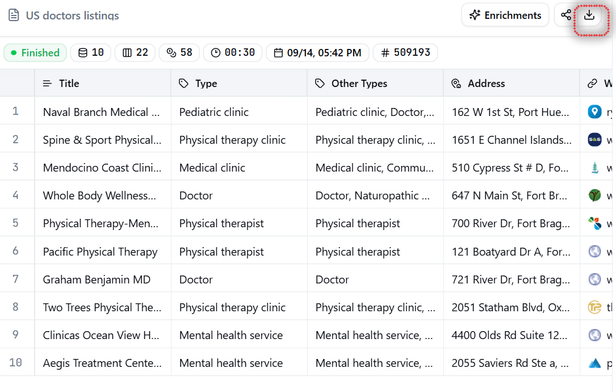 Finished Google Maps Scraper run with ten rows in the results table and the download control outlined