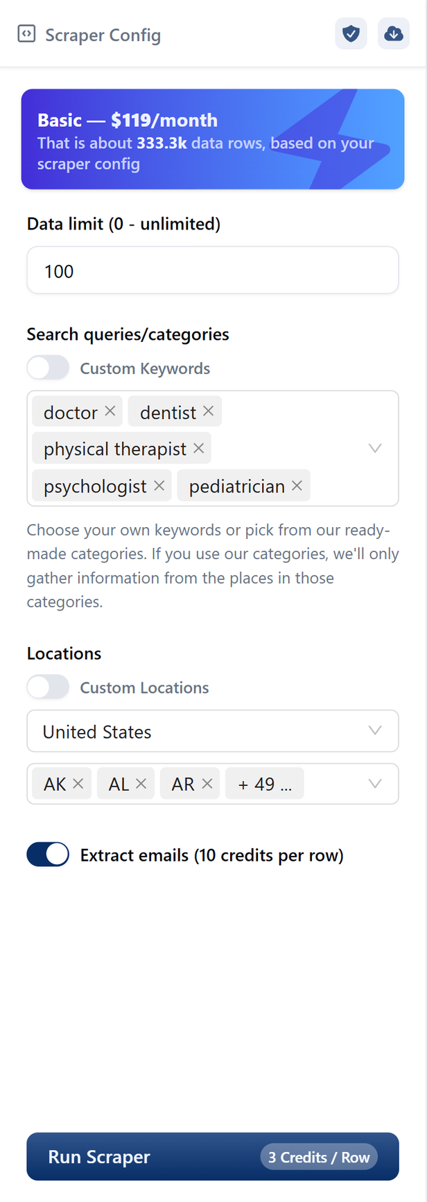 Google Maps Scraper config with ready-made medical categories, United States locations and the email option turned on