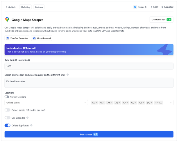 Set parameters and Get ready data set using Google Maps no-code Scraper