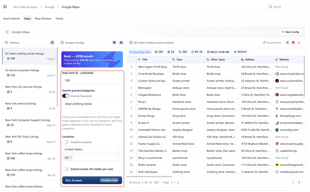 Google Maps Scraper page in the HasData dashboard, run history on the left, the config with data limit 100, the custom keyword retail clothing stores and the location United States, NY in the middle, and a preview table of 100 result rows with title, type, address and website on the right