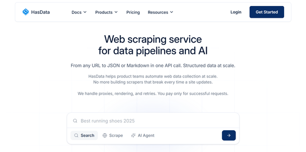 The HasData home page, the navigation with Docs, Products, Pricing and Resources, the heading about a web scraping service for data pipelines and AI, and the search box with its Search, Scrape and AI Agent tabs