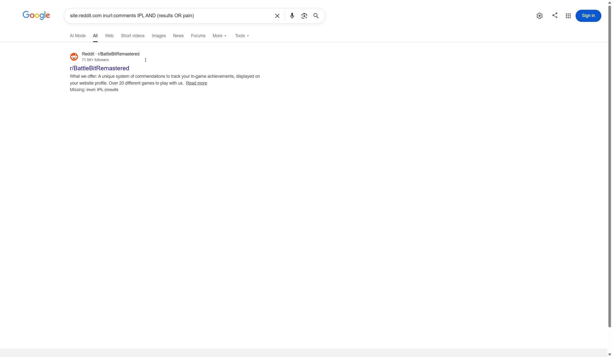 Google Search returning a single unrelated subreddit for a dork query with inurl: and boolean operators marked as Missing