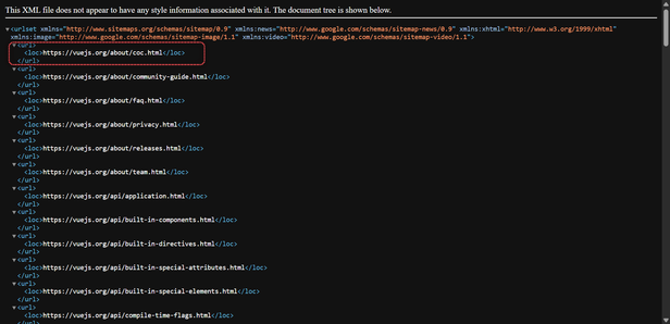 XML sitemap structure with URL entries wrapped in loc tags