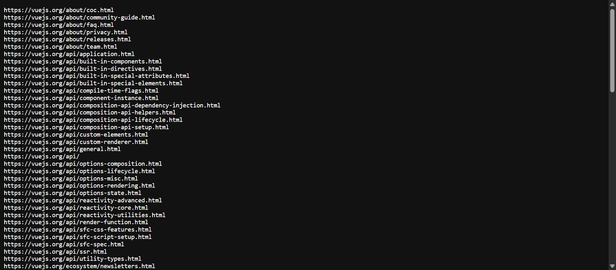 Text file with the sitemap URLs, one per line, from the about pages through the API reference