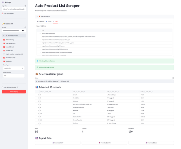Python-based Streamlit dashboard interface for debugging e-commerce scrapers. The screenshot shows the heuristic scoring output, highlighting extracted product containers with their calculated confidence scores based on image, price, and keyword detection.
